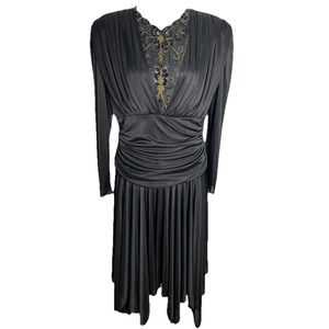 Vintage 80s Abby Kent Goth Witchcore Black Ruched‎ Dress Gold Beaded Large